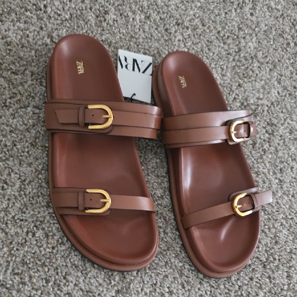 Zara Brown Sandals with Gold Buckles